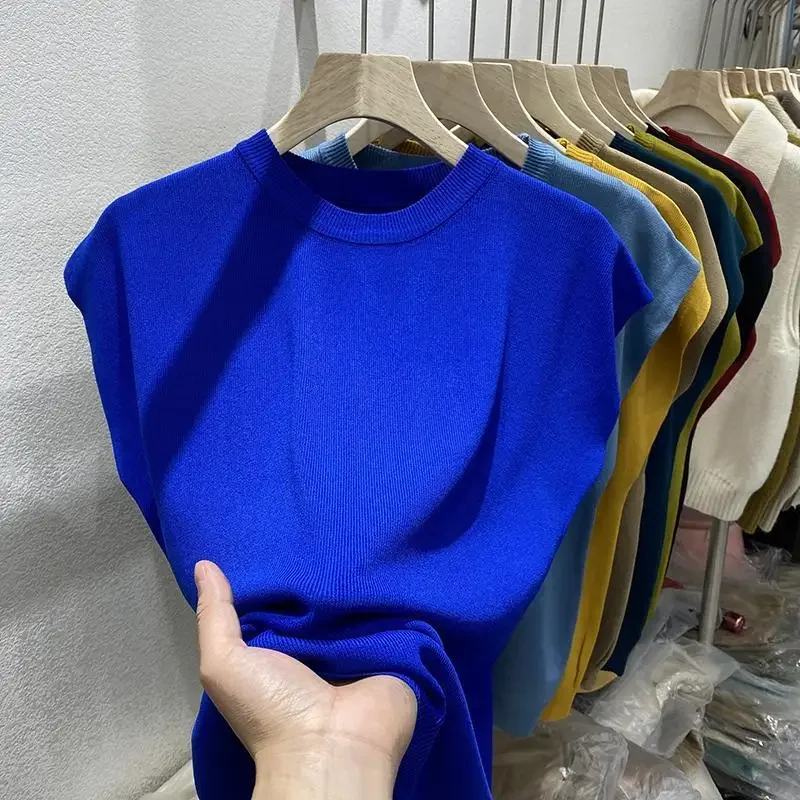 Damska koszulka T-shirt na lato z okrągłym dekoltem, dzianinowa, modna bluzka damska 2026, krótki rękaw, jednolity kolor, lodowy jedwab, oversize, damska koszulka T-shirt