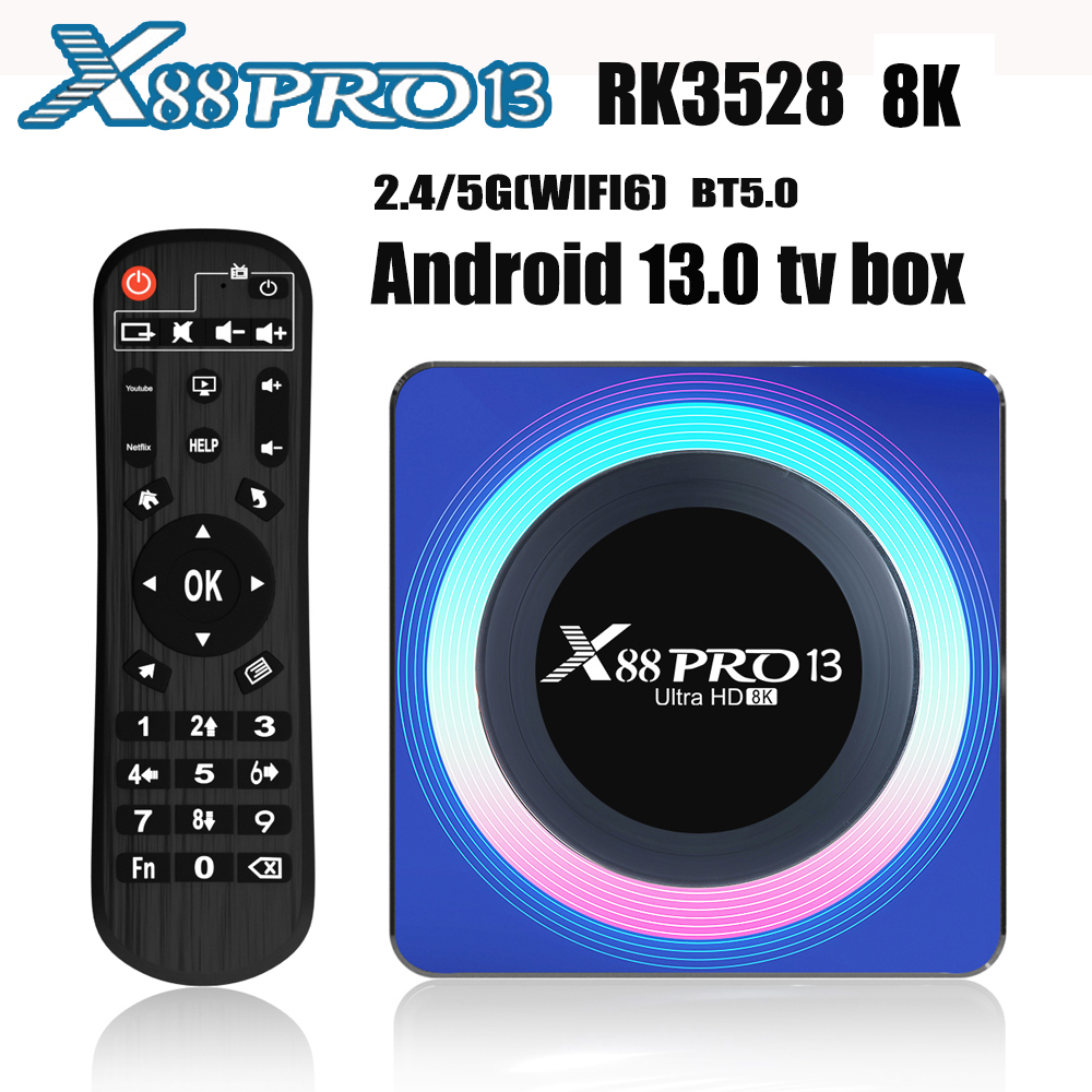 X88 PRO 13 กล่องทีวี Android 13 ชิปประมวลผล Rockchip RK3528 รองรับ Wifi6 2.4G/5G บลูทูธ ถอดรหัส 8K หน่วยความจำ 16G/32G/64G