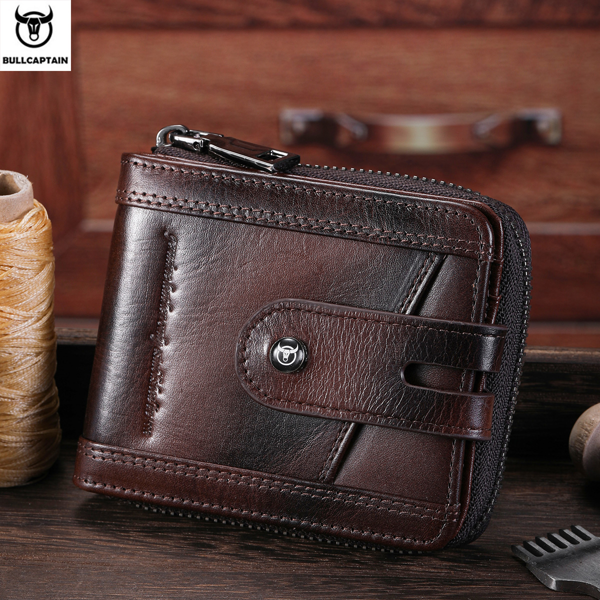 Bullcaptain-Carteira Bifold de couro genuíno masculina com zíper, suporte de cartão RFID, dinheiro seguro e cartões