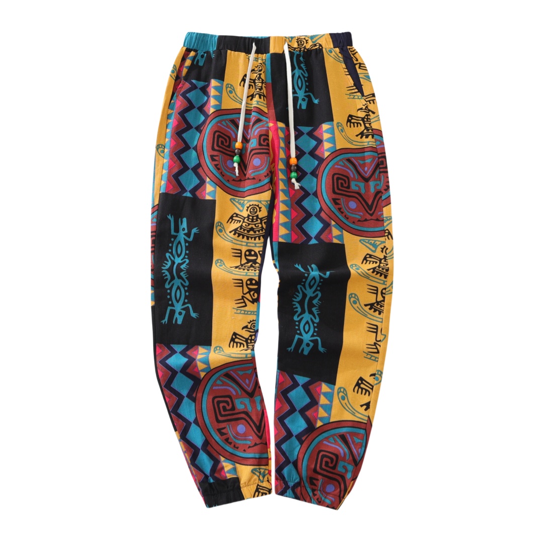Pantalones de lino elásticos con estampado Tribal bohemio para hombre, pantalones ligeros con cordón de mezcla de algodón y bolsillos, pantalones para correr de verano