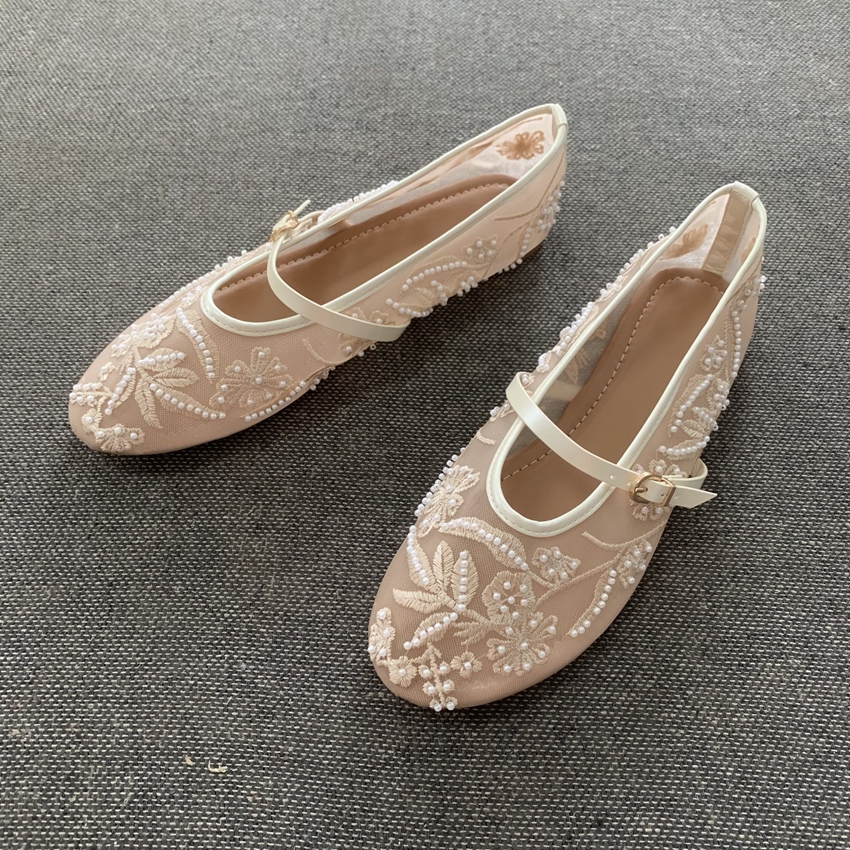 Sapatilhas Femininas com Design de Flores Bordadas, Pérolas e Tira de Malha com Fivela Redonda, Estilo Loafer, Mary Jane e Mule