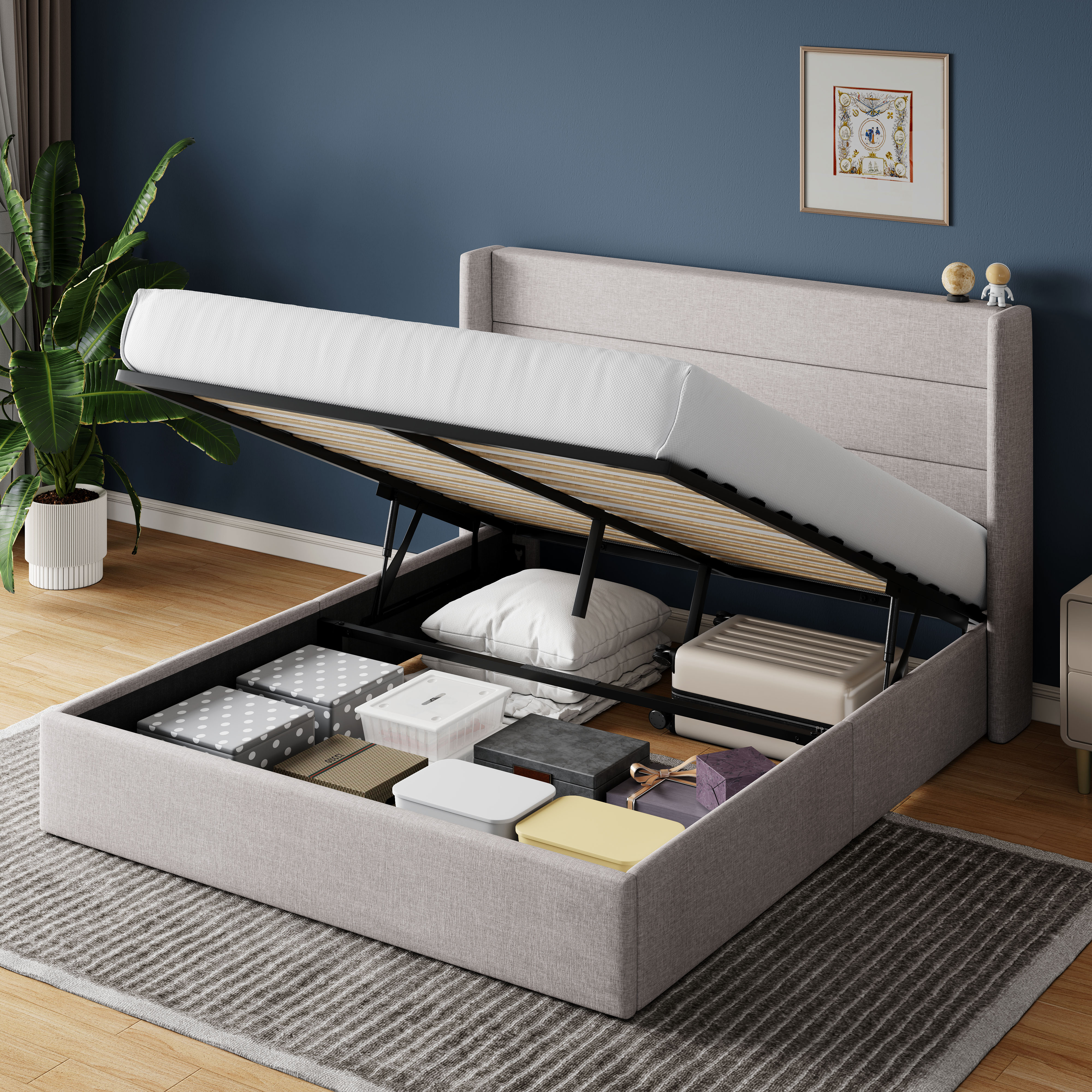 HOOMIC Cama de almacenamiento elevable con cabecera aleta/Cama hidráulica resistente/Grande almacenamiento debajo de Allewie