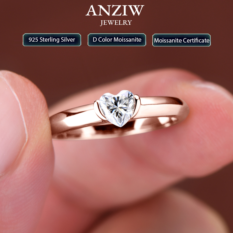 Anziw cincin pertunangan warna emas mawar 0, 5ct bentuk hati Moissanite 925 perak untuk wanita janji pernikahan band perhiasan