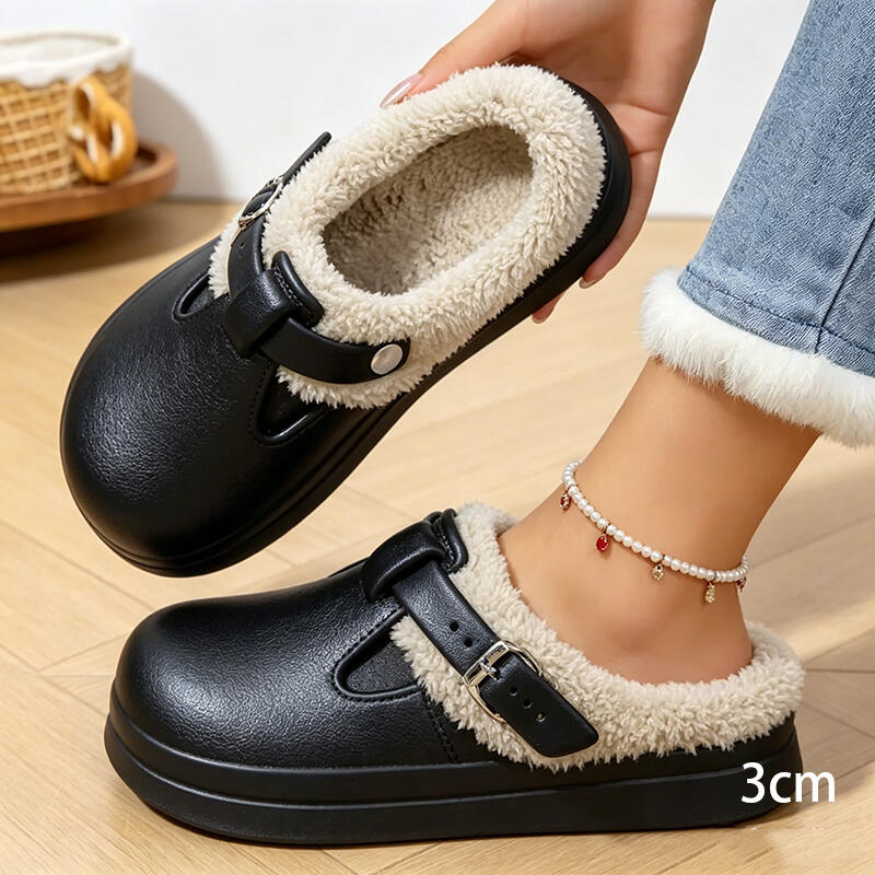 Casual Metalen Gesp Warme Pluche Muilezels Slippers Vrouwen Winter 2026 Zachte Dikke Zool Indoor Slippers Waterdichte EVA Harige Klompen Mujer