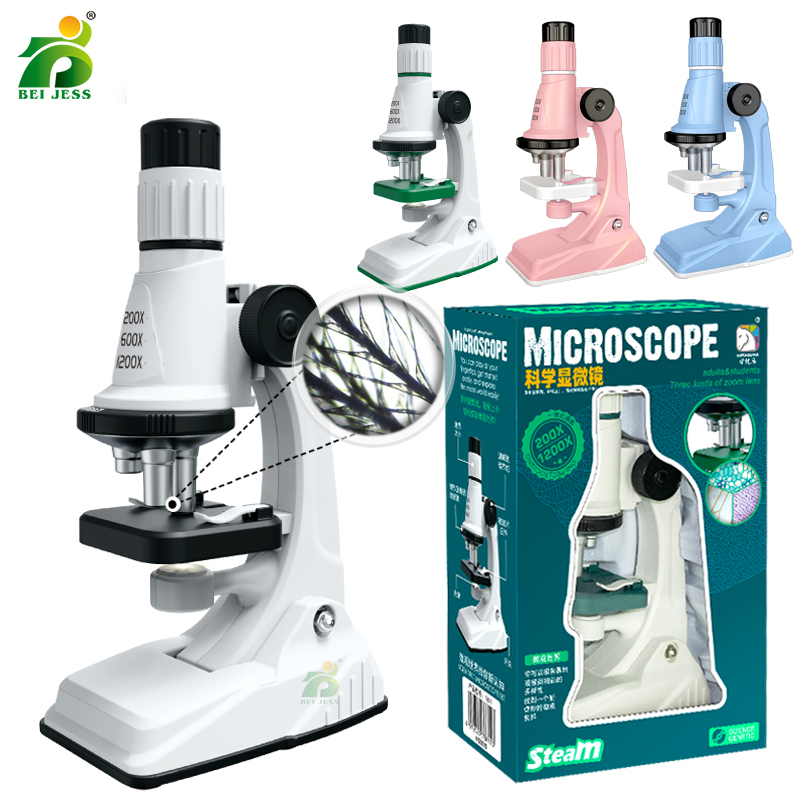 Juego de microscopio de bolsillo biológico de ciencia para niños, 200x, 600x, 1200x, laboratorio con instrumentos refinados LED, juguete educativo Montessori