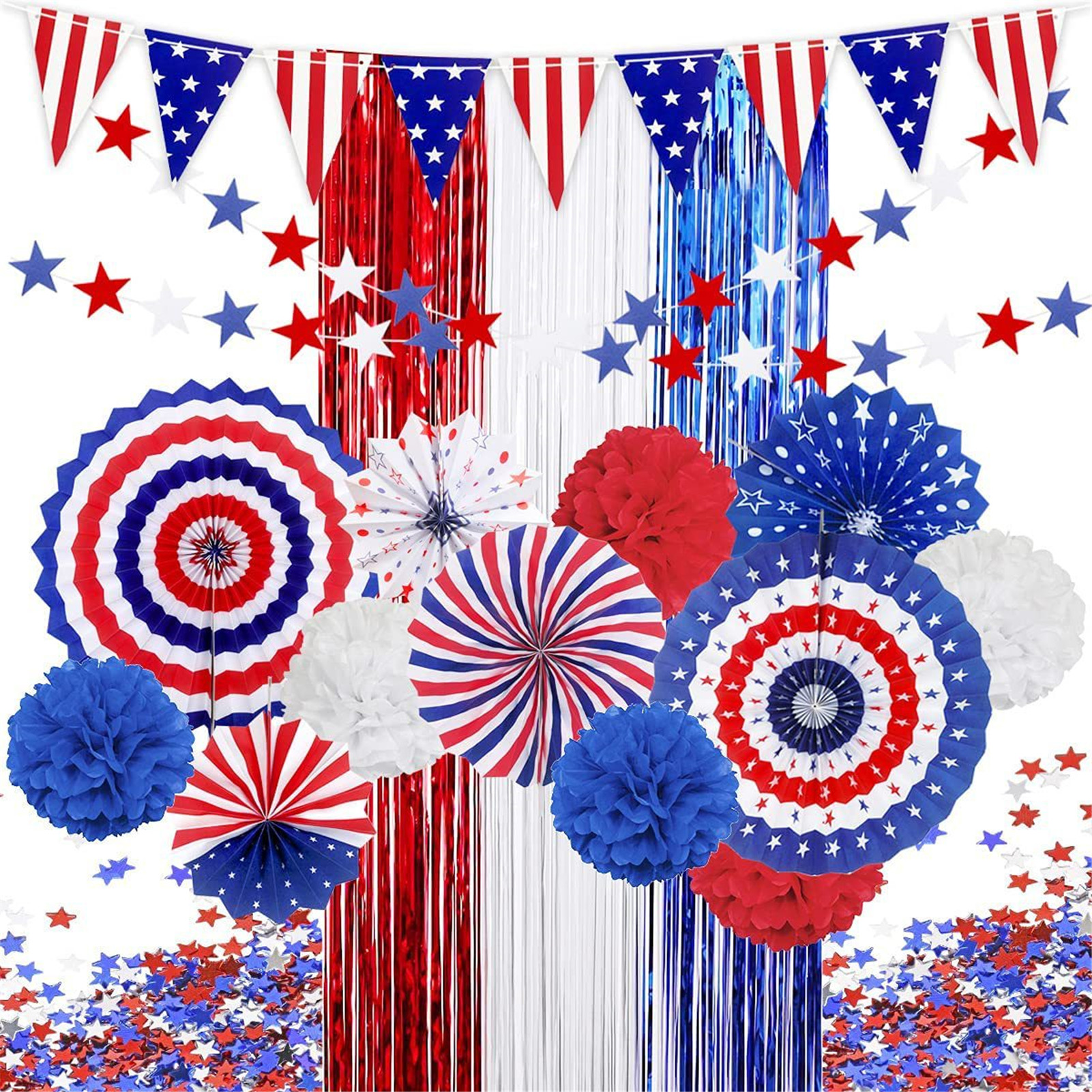 Ventagli di carta con bandiera americana Set di decorazioni patriottiche Tenda con fiori a forma di stella per il 4 luglio Decorazioni per feste per la festa nazionale americana