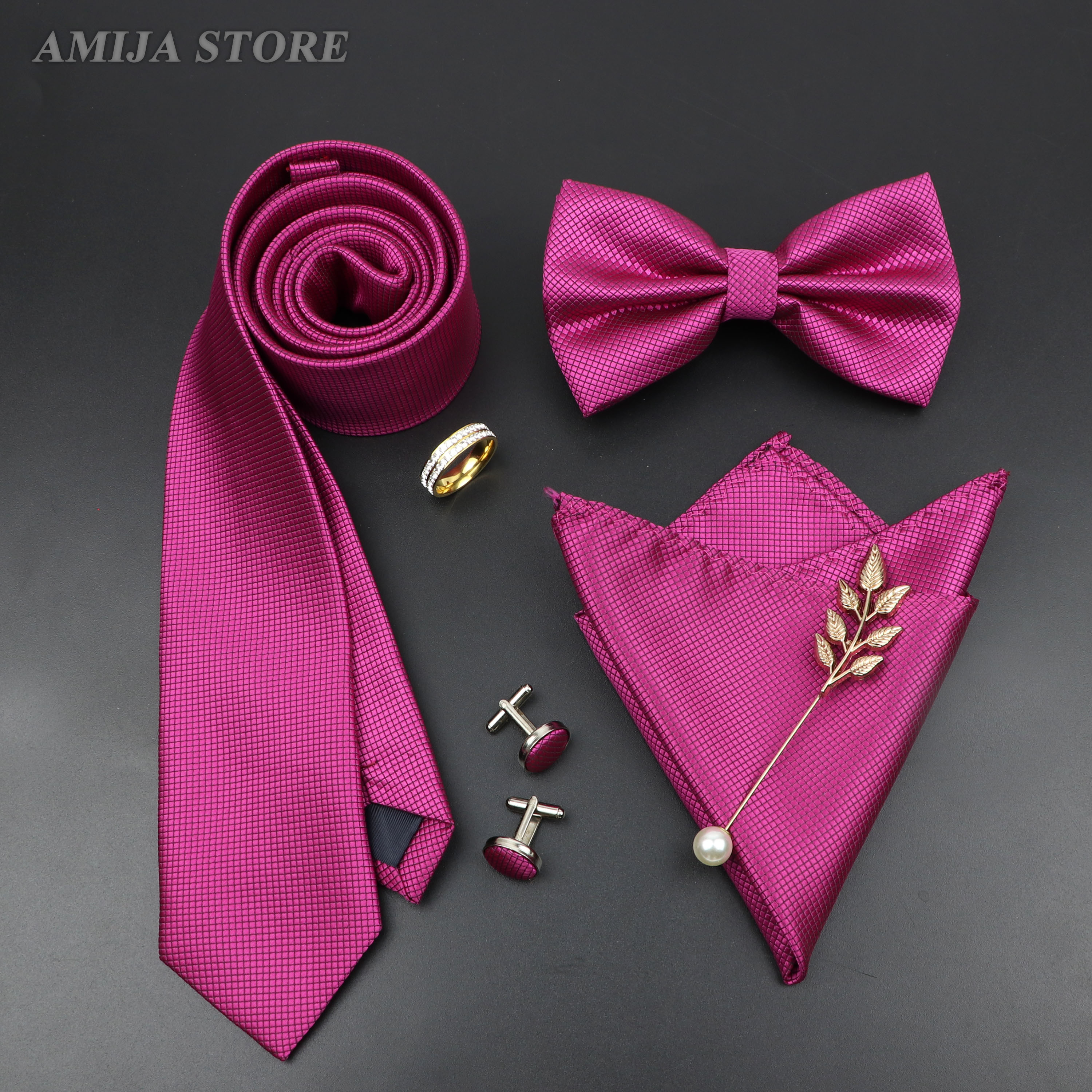 Luxe Mannen Stropdassen Set Rood Zwart Banden Soild Kleur Stropdas Pocket Plein Manchetknopen Broche Tie Ring Set Mannen Bruiloft party Pak Gift