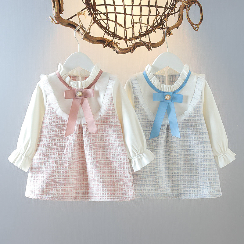 Vestido xadrez para meninas, primavera e outono, estilo coreano, roupas de manga comprida para crianças (9 meses a 3 anos de idade)