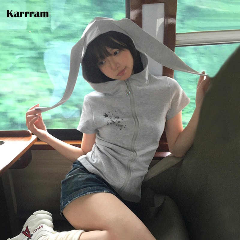 Karrram kaus bertudung Y2k gaya Jepang Vintage 2000s atasan ritsleting telinga kelinci jaket tipis lengan pendek Korea Populer
