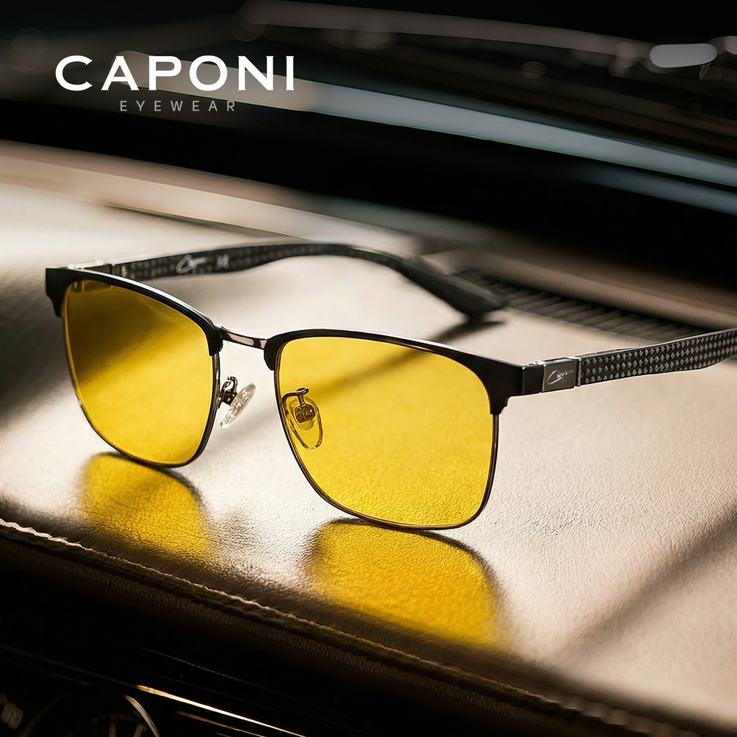 CAPONI, gafas de sol de visión nocturna para hombre, gafas de sol amarillas de fibra de carbono para conducción nocturna para exteriores, gafas fotocromáticas marrones BSYS36403