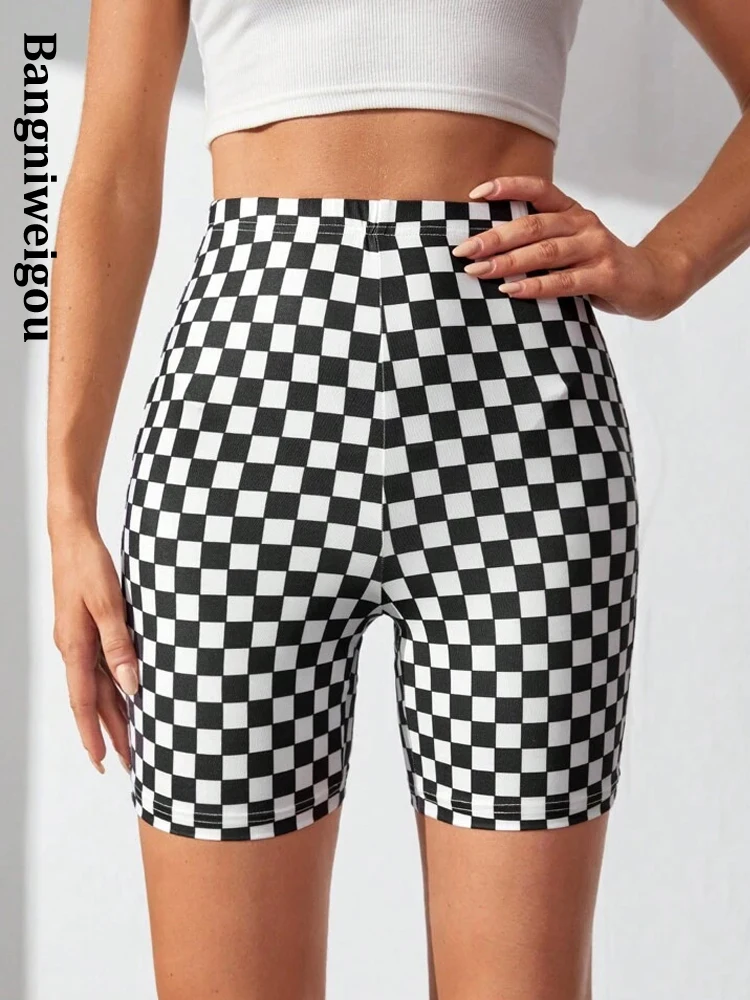 Bangniweigou Biker-Shorts, Radfahren, Schwarz-Weiß, kariert, bedruckt, Fitness-Jogginghose, kariert