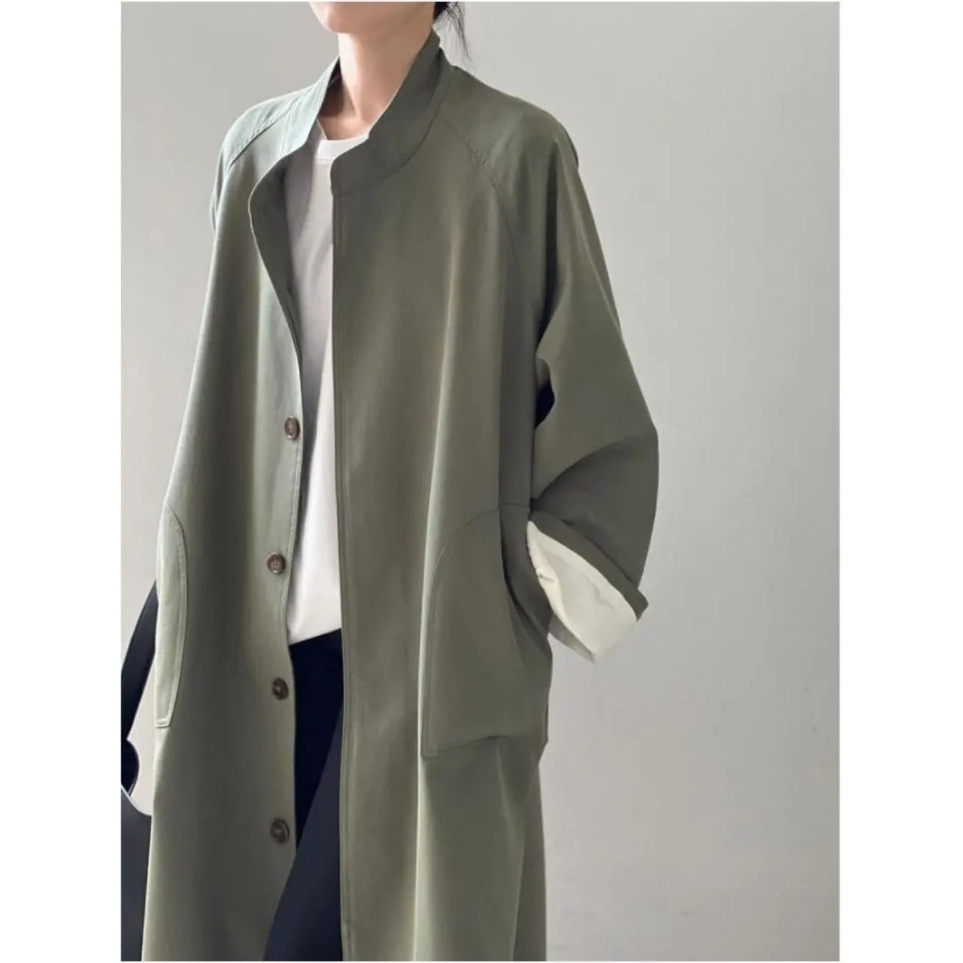 Новый женский длинный плащ-тренч свободного кроя с воротником-стойкой, повседневный, в британском стиле, высококачественная ветровка на весну-осень