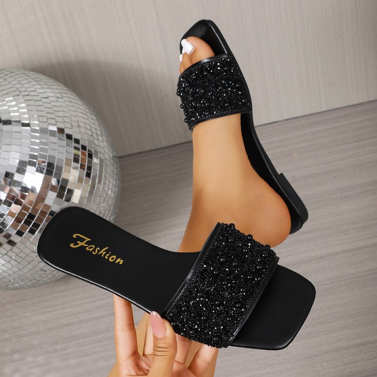 Damen Schwarze Perlenbesetzte Flache Pantoletten 2026 Sommer Eckige Zehenpartie Slip-On Hausschuhe Übergröße 43 Party-Kleiderschuhe