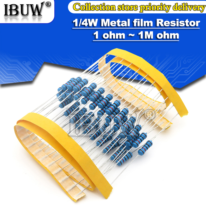 100Pcs 1/4W Metal Film Weerstand 1R ~ 22M 1% 100R 220R 1K 1.5K 2.2K 4.7K 10K 22K 47K 100K 100 220 1K5 2K2 4K7 Ohm Weerstand