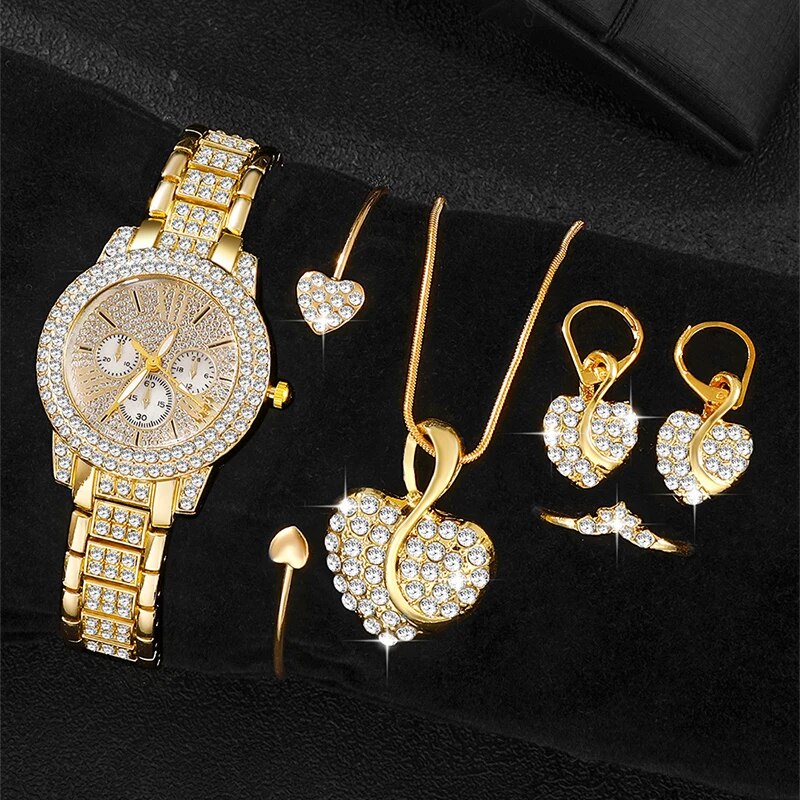 Mulheres Relógio de pulso strass e conjunto de joias, Relógio Quartzo, Dourado, Luxo, Anel, Colar, Brinco, Casual, senhoras, Fashion