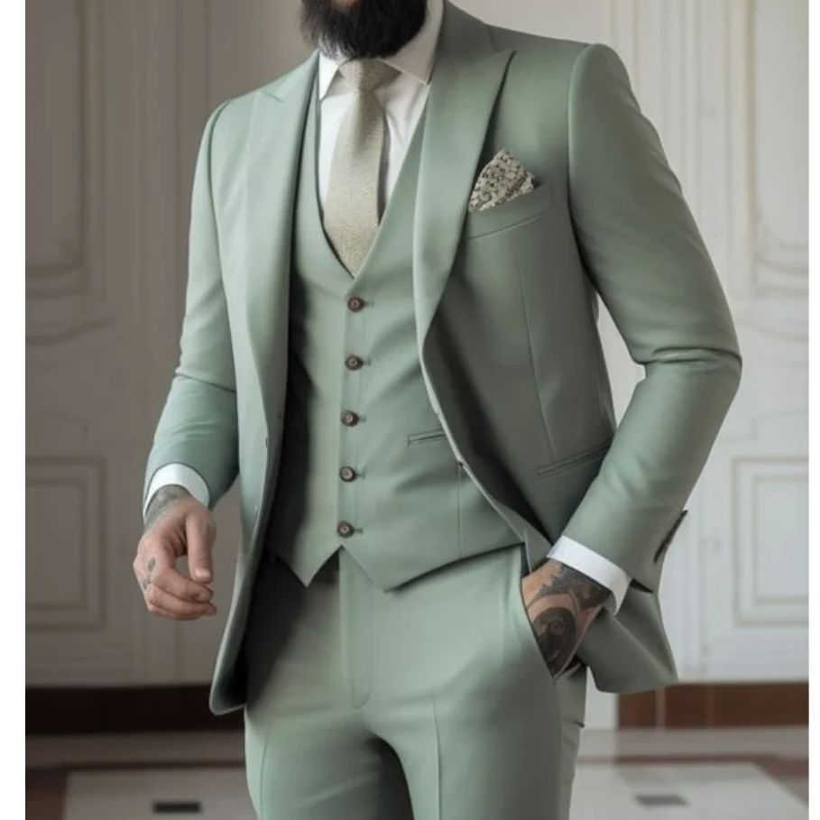 Abiti da uomo slim fit in 3 pezzi verde salvia (giacca + gilet + pantaloni) smoking da sposo da sposa formale blazer da festa maschile traje hombre
