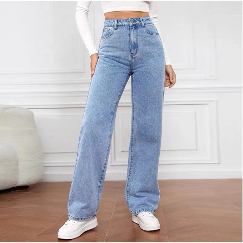 Hohe Taille Hellblau Taschenjeans Damen Straße Einfache Casual Herbst Frühling Gerade Beinhosen