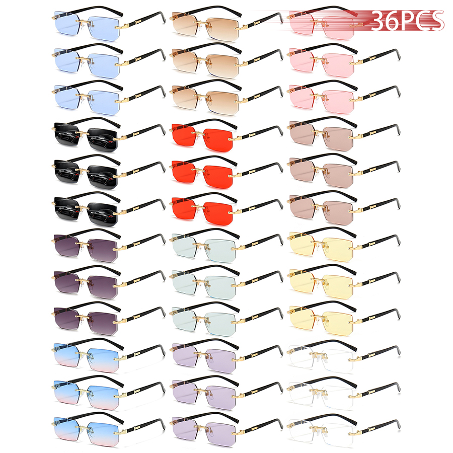 Occhiali da sole senza montatura da 36 pezzi per uomo e donna, lenti rettangolari sfumate, montatura in metallo, lenti colorate, occhiali unisex, moda di lusso