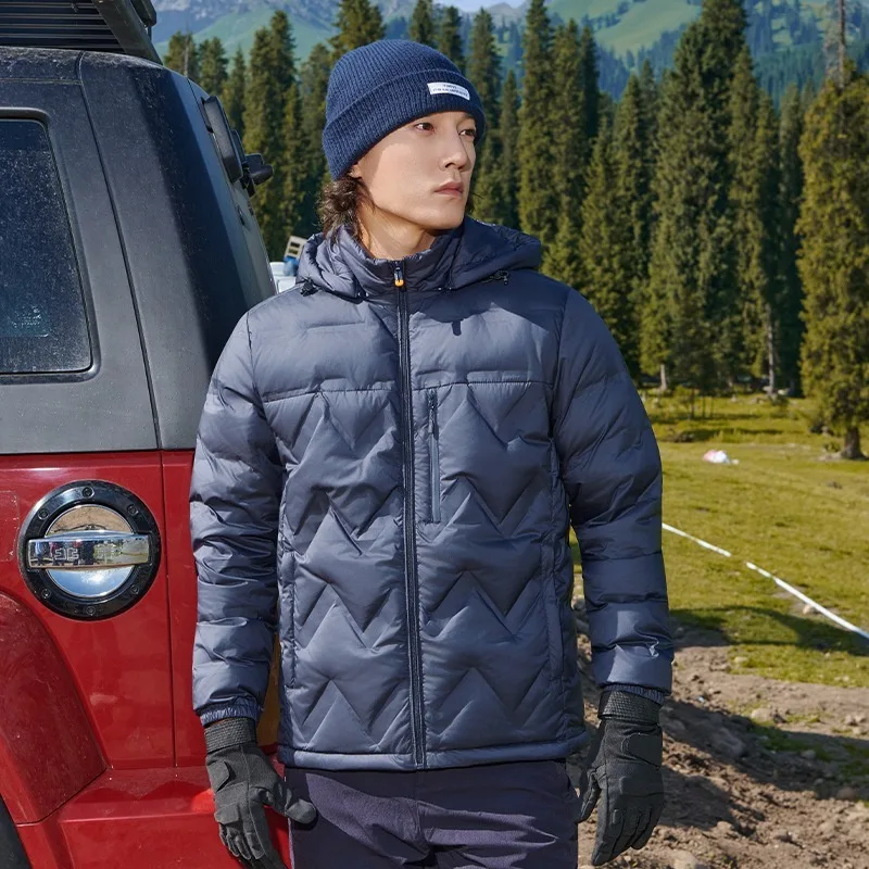 Mens Lightweight Down Jacket White Duck Feather Hooded Windproof Water-Resistant Thermal Short Coat Winter Urban Commuting