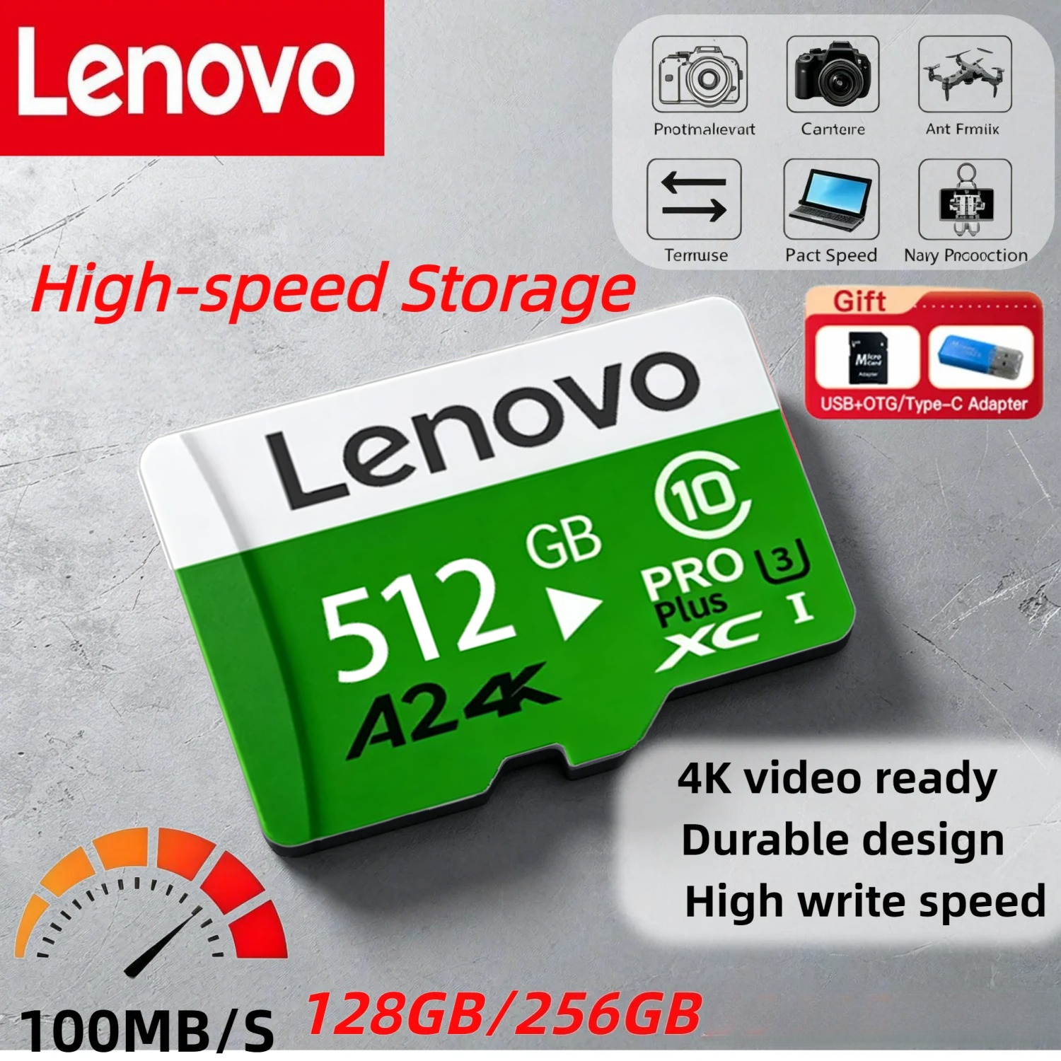 Карта памяти Lenovo High Endurance для видеонаблюдения, TF-карта 64 ГБ, 128 ГБ, 512 ГБ, золотая Micro TF SD-карта для смартфонов, камер, дронов