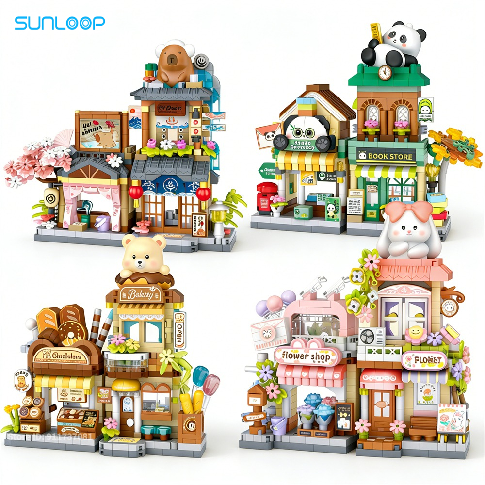 Faltbare Street View Serie: Capybara-Haus, Panda-Buchladen, Modellbausteine, Chinesische Mini-Stadt-Laden-Bausteine, Spielzeug für Kinder