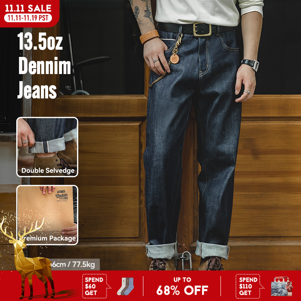 Maden Vintage 13,5 Unzen schwere Selvedge Raw Denim Jeans Herren Straight Fit Baumwolljeans Casual Pocket Hose Herbst Winter