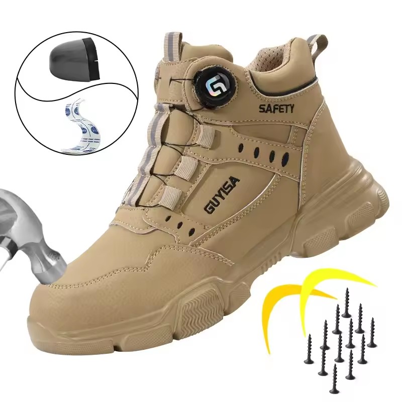 Sapatos de proteção para trabalho com botão giratório, anti-esmagamento, anti-furo, botas de segurança, sapatos com biqueira de aço, sapatos indestrutíveis
