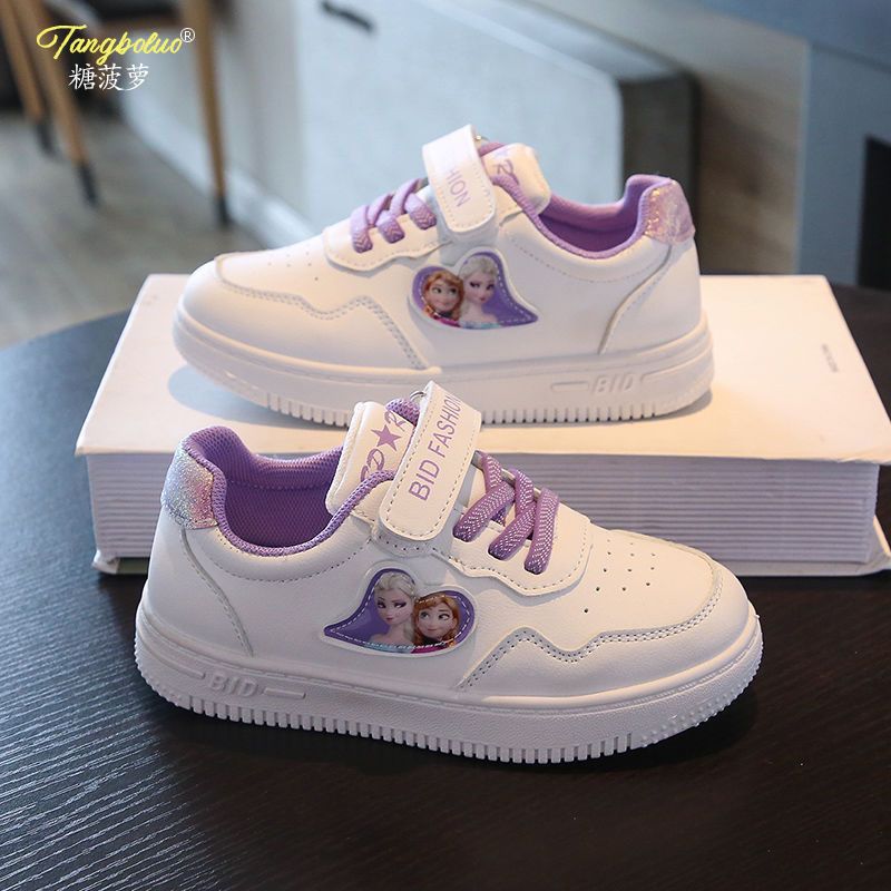 Sapato casual de couro PU feminino da Disney, Elsa, Anna, Frozen Princess, esportivo, branco, tamanho 26-37, primavera