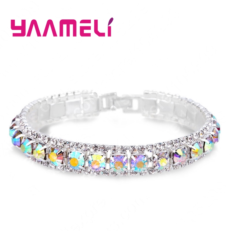 Pulsera de plata de ley 925 con circonita cúbica, brazalete con cadena de eslabones, cristal austriaco, 14 colores