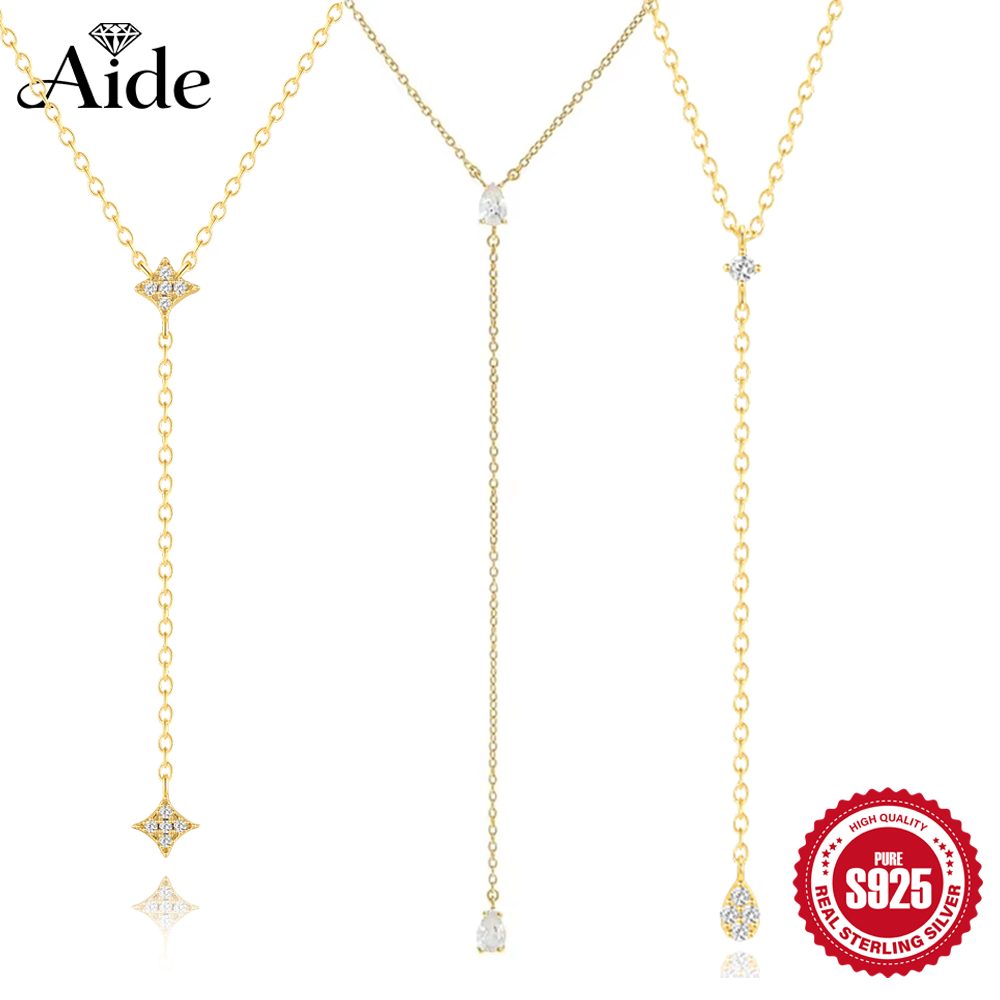 Aide 925 Sterling Silver Elegant Y Shape Necklace For Women Temperament Long Chain Tassel Water Drop CZ Zircon Pendant Necklace