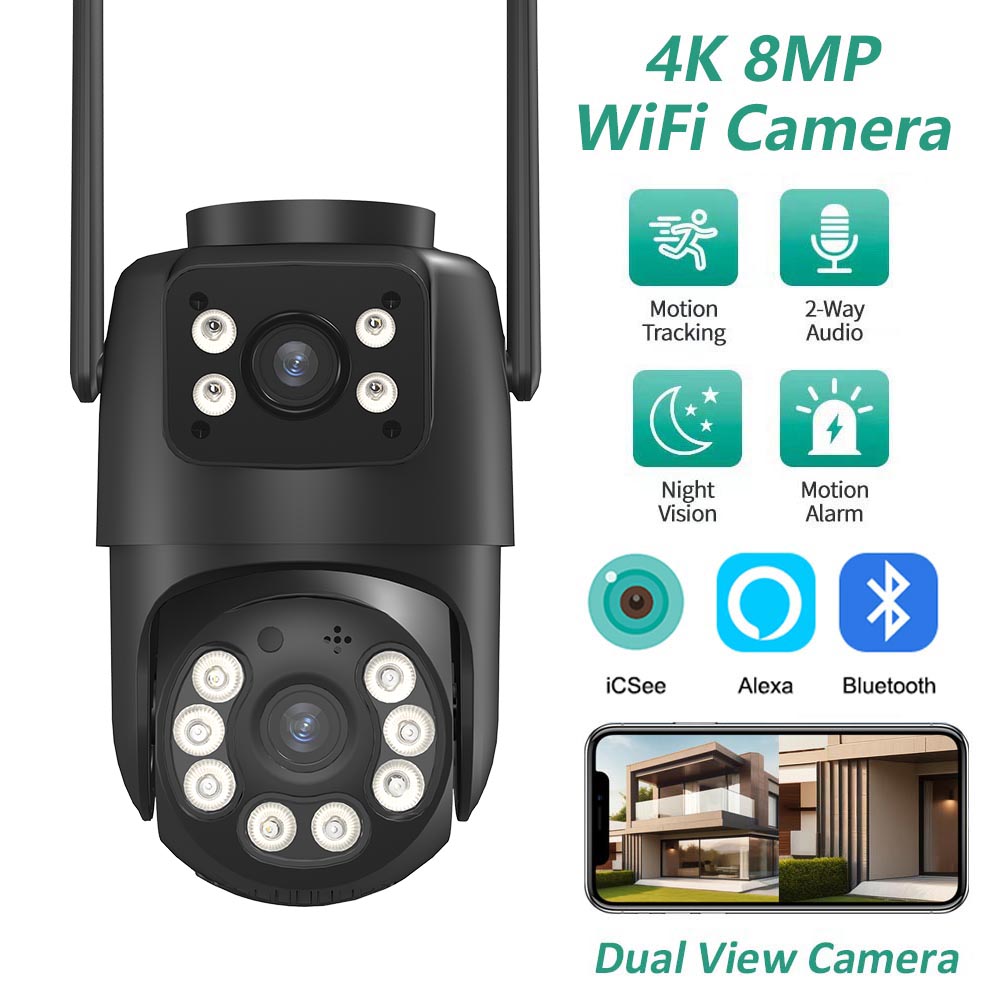 BELIA Kamera monitorująca WiFi 4K 8MP, 4-krotny zoom cyfrowy, kamera IP PTZ ONVIF z podwójnym obiektywem, wykrywanie ludzi AI, zewnętrzna kamera bezpieczeństwa ICSEE