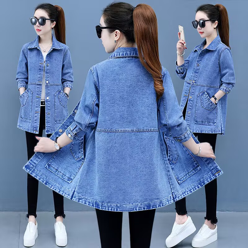 5XL Frauen Denim Jacke Frühling Herbst Mid-Länge Lose Lange Ärmeln Jacken Windjacke Weibliche Lange Denim Mantel 472