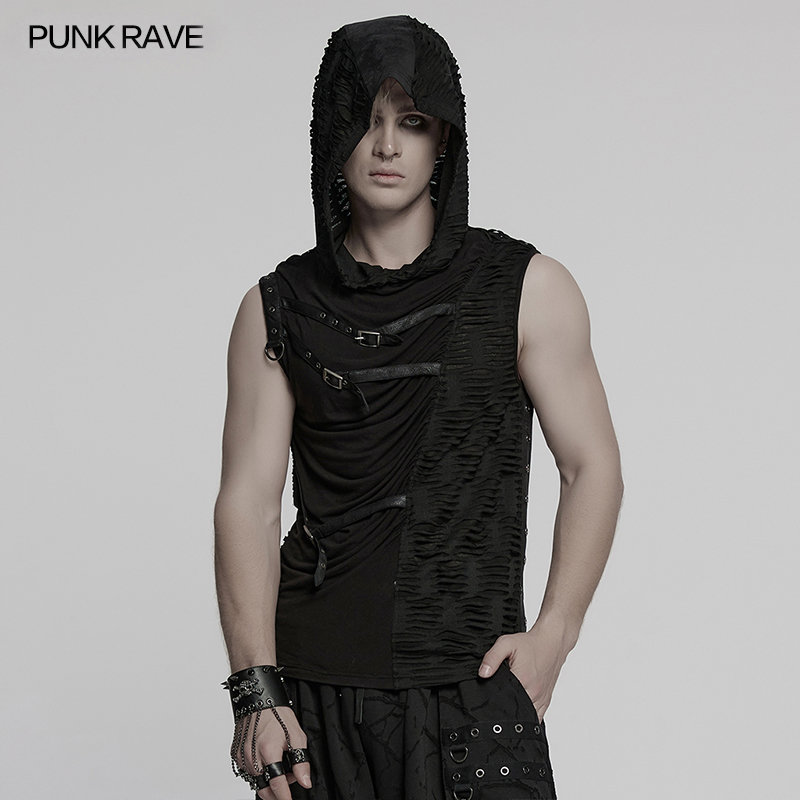 PUNK RAVE мужские асимметричные плиссированные элементы в стиле панк, жилеты с капюшоном и заклепками на плечах, крутые топы