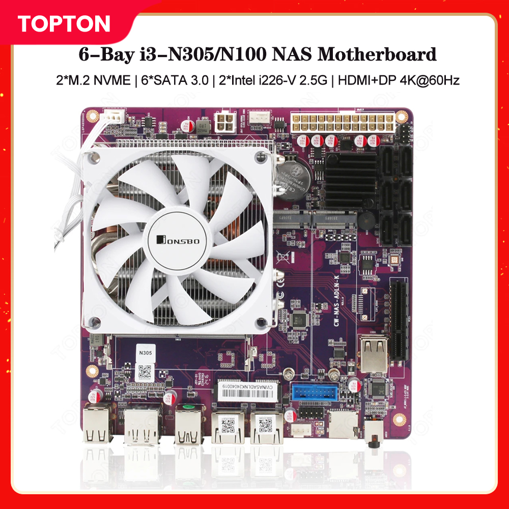 Topton nueva placa base Mini ITX NAS i3-N305 de 6 bahías N100 1 * PCIEx4 2 * Intel i226-V 2,5G 2 * M.2 NVMe 6 * SATA3.0 1 * enrutador Firewall DDR5
