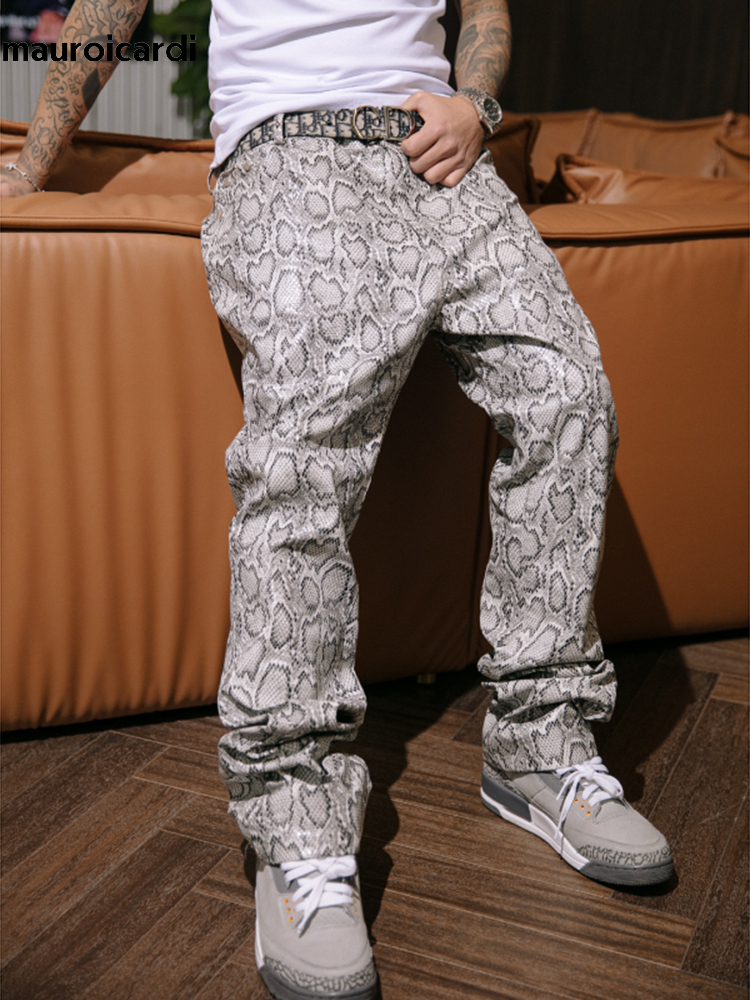 Mauroicardi primavera autunno lungo fresco elegante pelle di serpente vernice Pu pantaloni in pelle uomo pantaloni Fashions Hip Hop Y2K Streetwear 2023