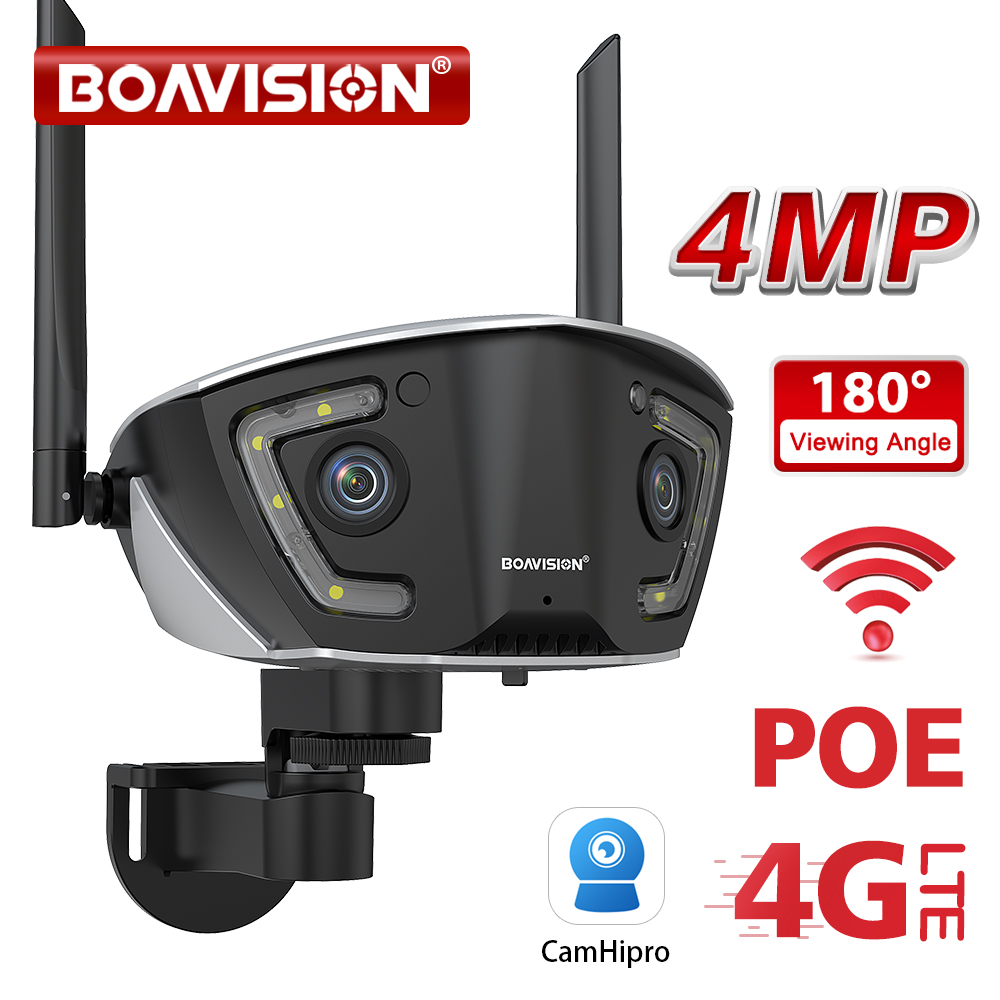 4MP 4G наружная Wi-Fi камера наблюдения POE с двумя объективами 180 °   Сверхширокоугольная цветная камера ночного видения Security Camhipro APP