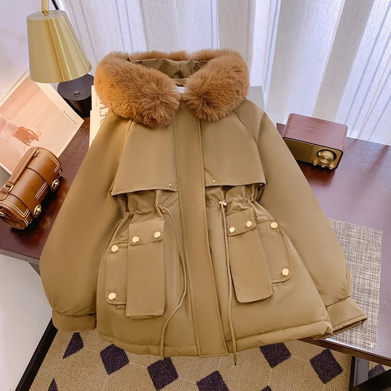 Parka para mujer, abrigo largo a la moda, Parkas con forro de lana y capucha, nueva chaqueta de invierno ajustada con Cuello de piel, ropa cálida para la nieve, ropa acolchada 2024