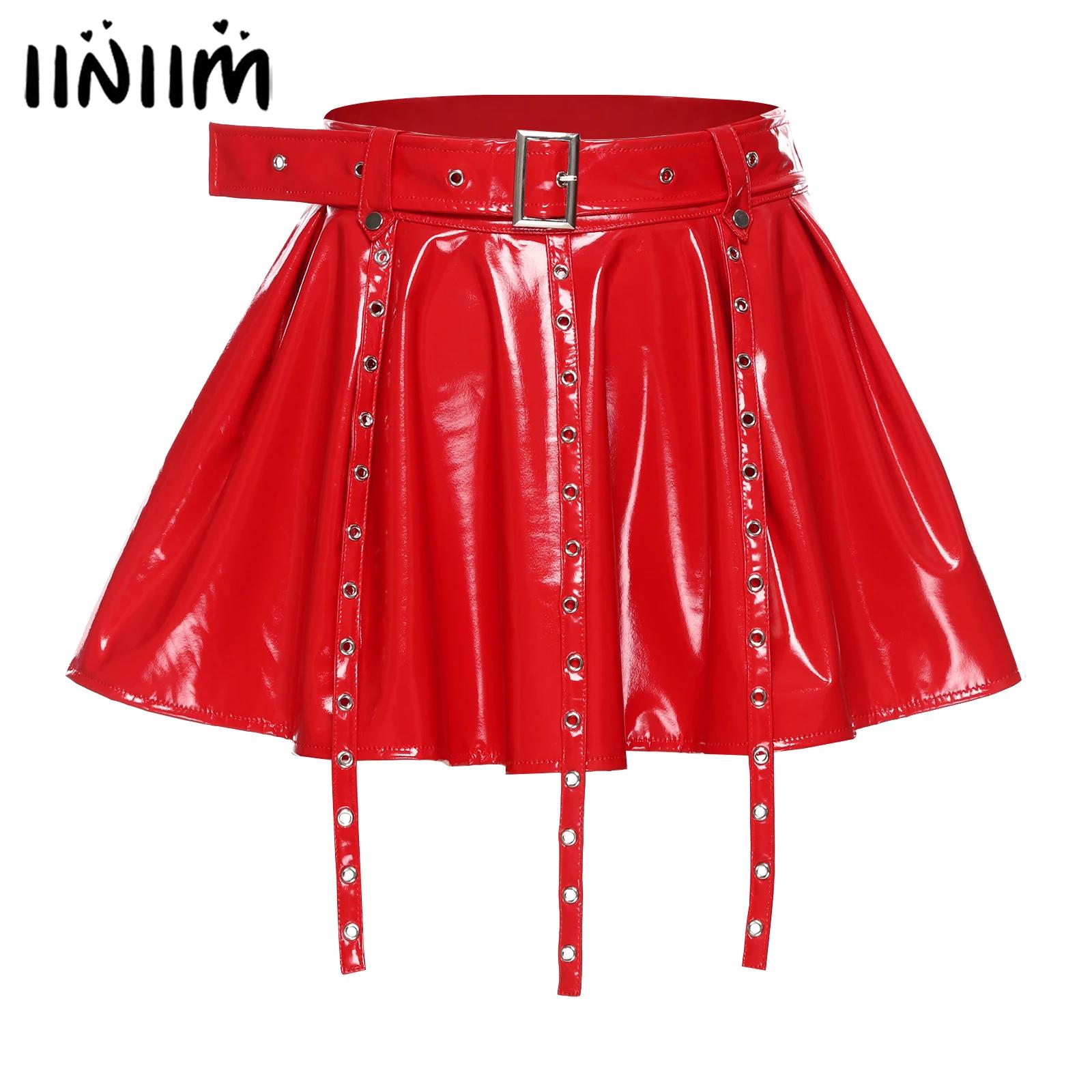 Womens Glossy PU Leather Latex Miniskirt Eyelets Tassel Fake Waist Belt Pleated Hem A-line Skirt Gothic Punk Rave Clubwear