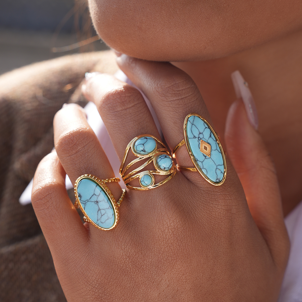Vintage Circular Natural Stone Line Opening Rings ​for Women 18K Gold Plated Stainless Steel Waterproof High Quality Jewelry