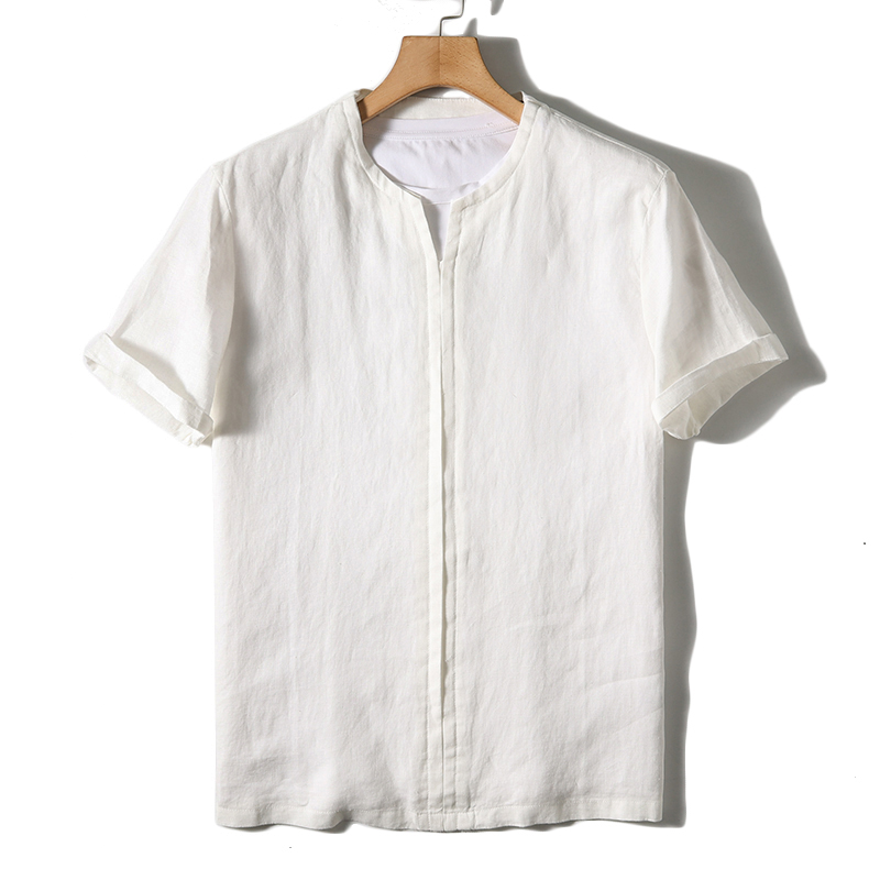 Camisa 100% Lino para Hombre, Estilo Retro, Manga Corta, Transpirable, con Volantes, Color Puro, para Ocio y Negocios