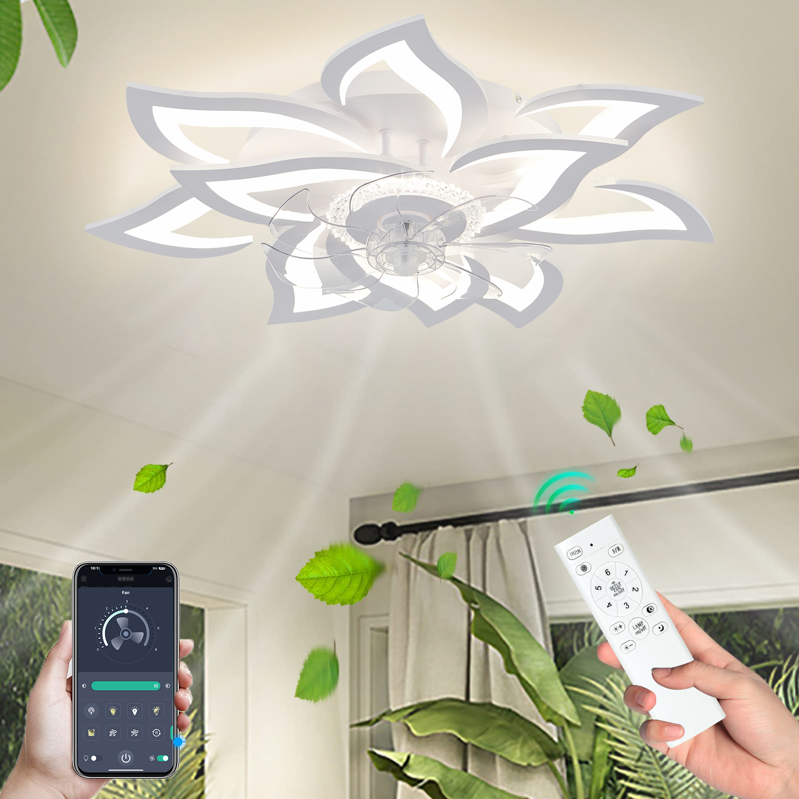 Deckenventilator mit Lichtern, moderne dimmbare Blumenform, Fernbedienung/App-Steuerung, Timing 6-Gang-Geschwindigkeiten, Ventilator-Deckenleuchte