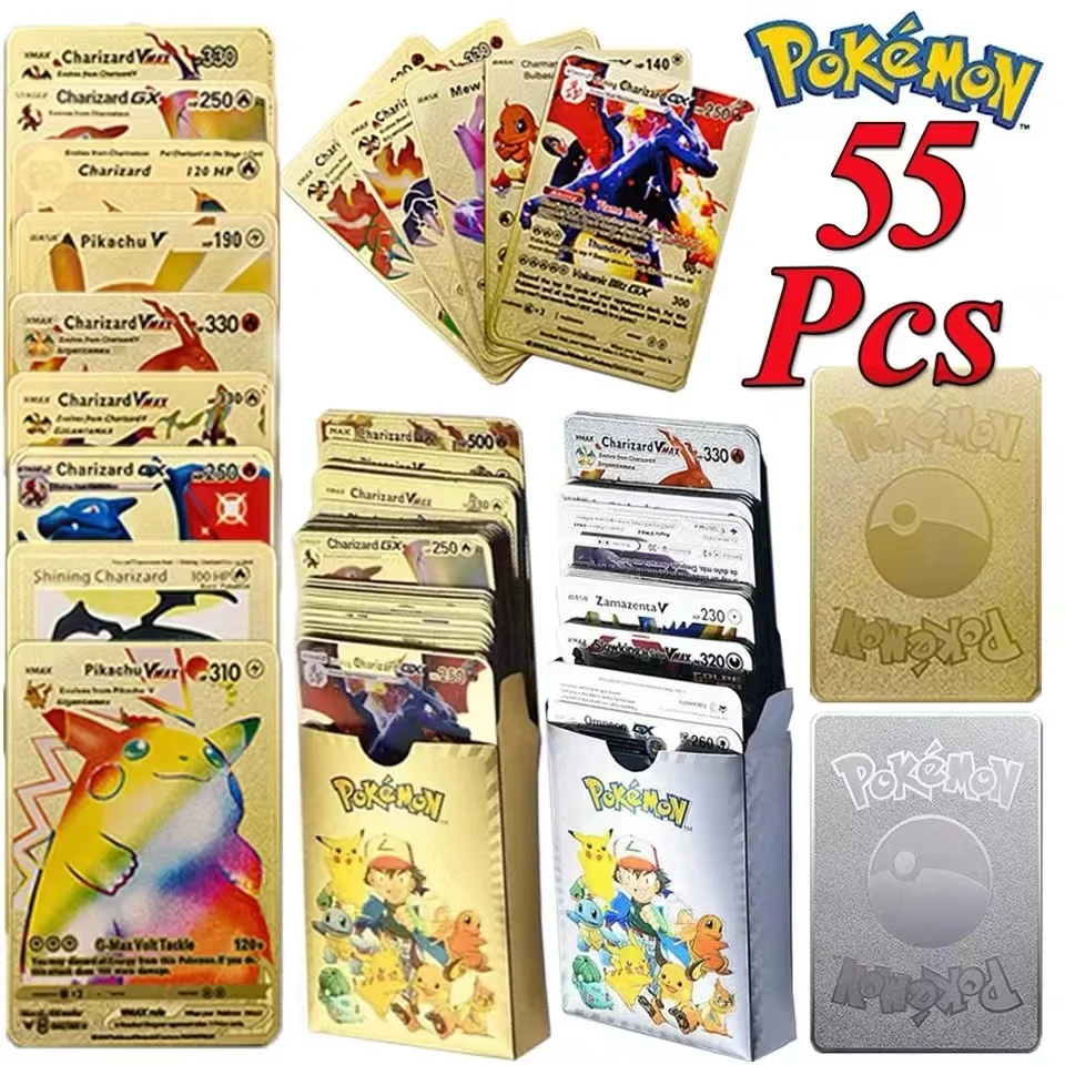 110-27 шт. карты Pokemon Gold Foil Charizard VMAX GX VSTAR карты английские, французские, немецкие, испанские, Пикачу, Arceus, серебряные карты с покемонами