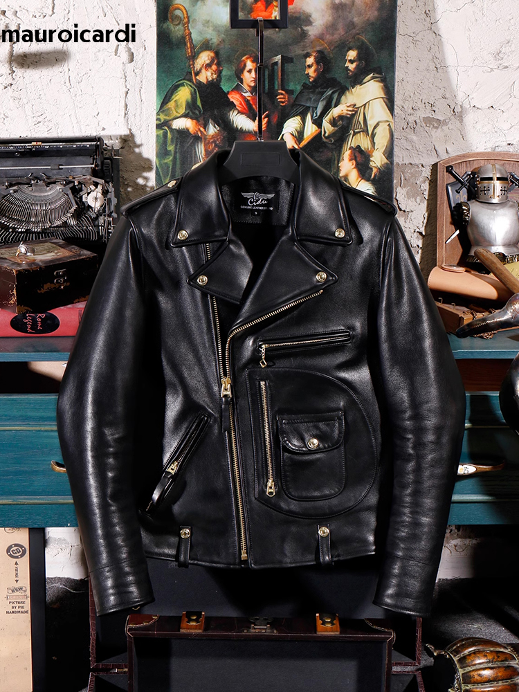 Mauroicardi Autunno Fresco Bello Corto Nero Duro Pu Pelle Biker Moto Giacca Da Uomo di Lusso Del Progettista Americano Retro Abbigliamento 2024