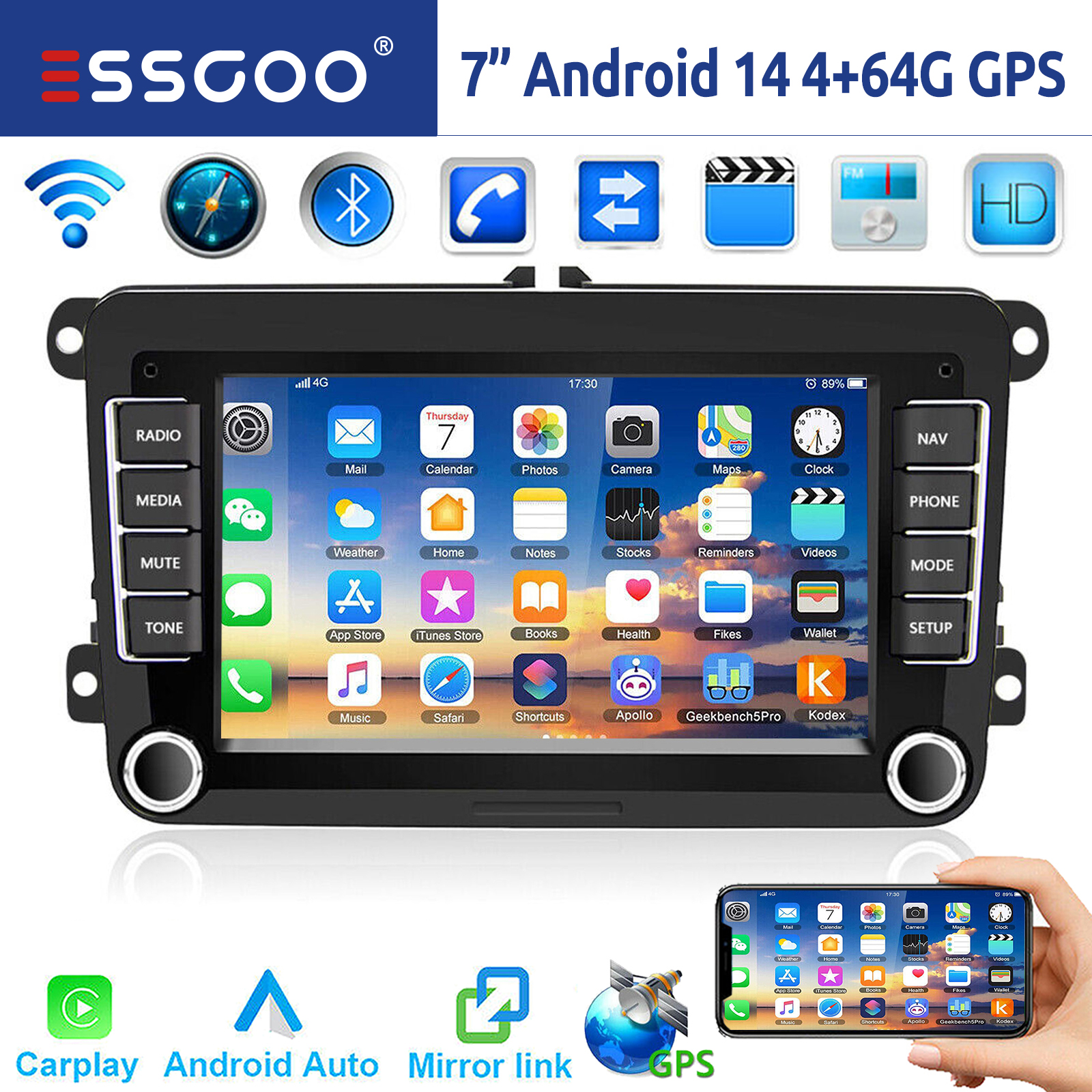 ESSGOO 7" Android 14 4G+64G Apple Carplay Autoradio GPS NAVI WIFI RDS FM Bluetooth für VW Golf 5 6 Passat Polo 6R Touran Tiguan Caddy EOS Jetta Seat Skoda Touchscreen Mirror Link USB Android Auto ChatGPT