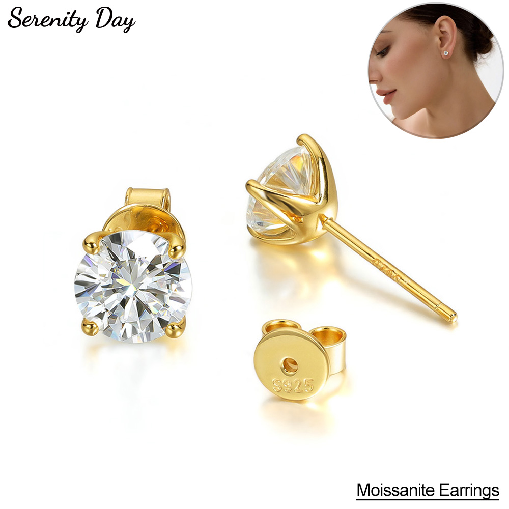 Serenity 0.2-3CT Geel Goud Kleur Moissanite Stud Oorbellen Vrouwen Fonkelende Klassieke Bruiloft Lab Diamanten Oorbel Puur S925 Zilver