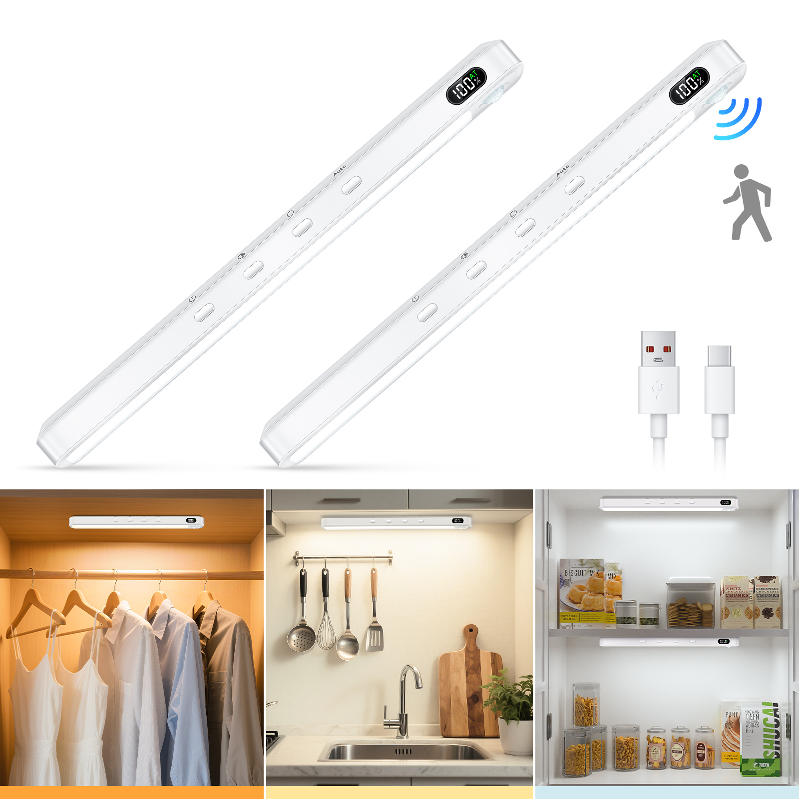 WILLED Wiederaufladbare Schrankleuchte mit Bewegungsmelder für den Innenbereich, 3 Farben, dimmbar, magnetische Lichtleiste, Nachtlicht für Schrank, Schrank, Schreibtisch