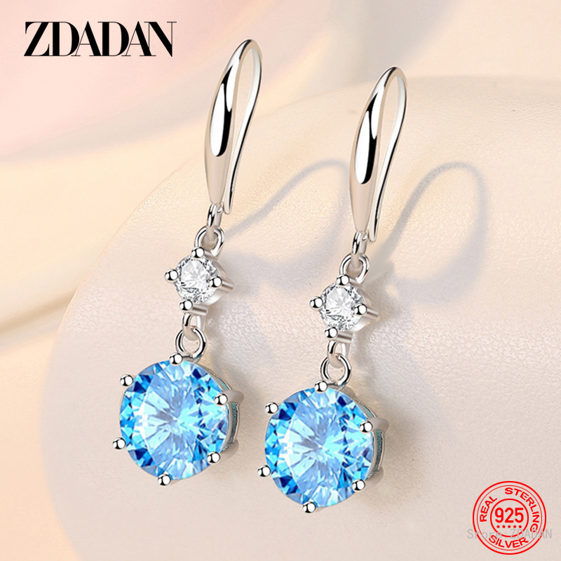 ZDADAN Orecchini pendenti lunghi in argento 925 con zirconi blu rotondi per gioielli di moda da donna