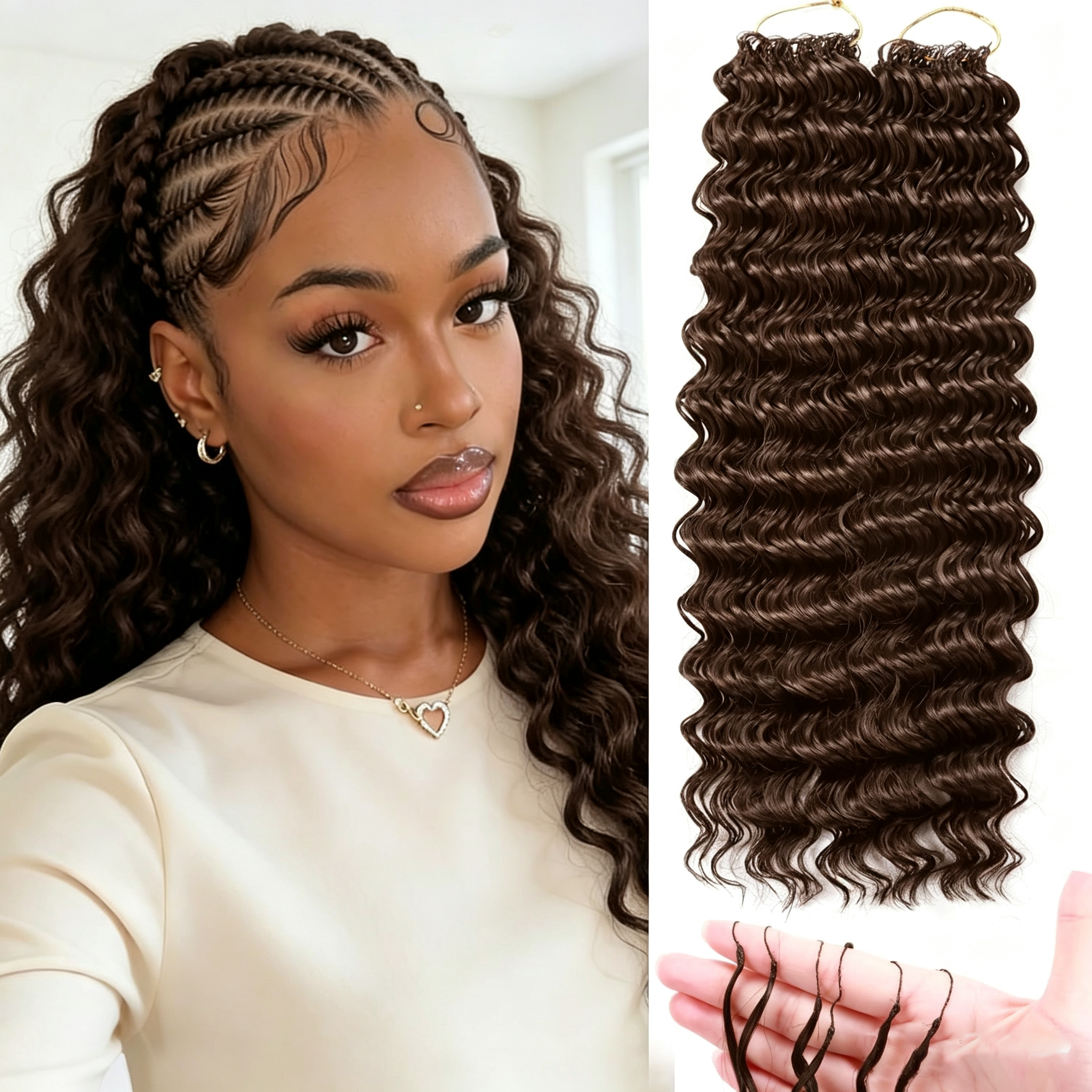 Extensioni per capelli umani Deep Wave Feather Crochet, con nodi invisibili Miracle Knots, per donne di colore, ciocche di capelli umani per unghie a maglia, marrone cioccolato
