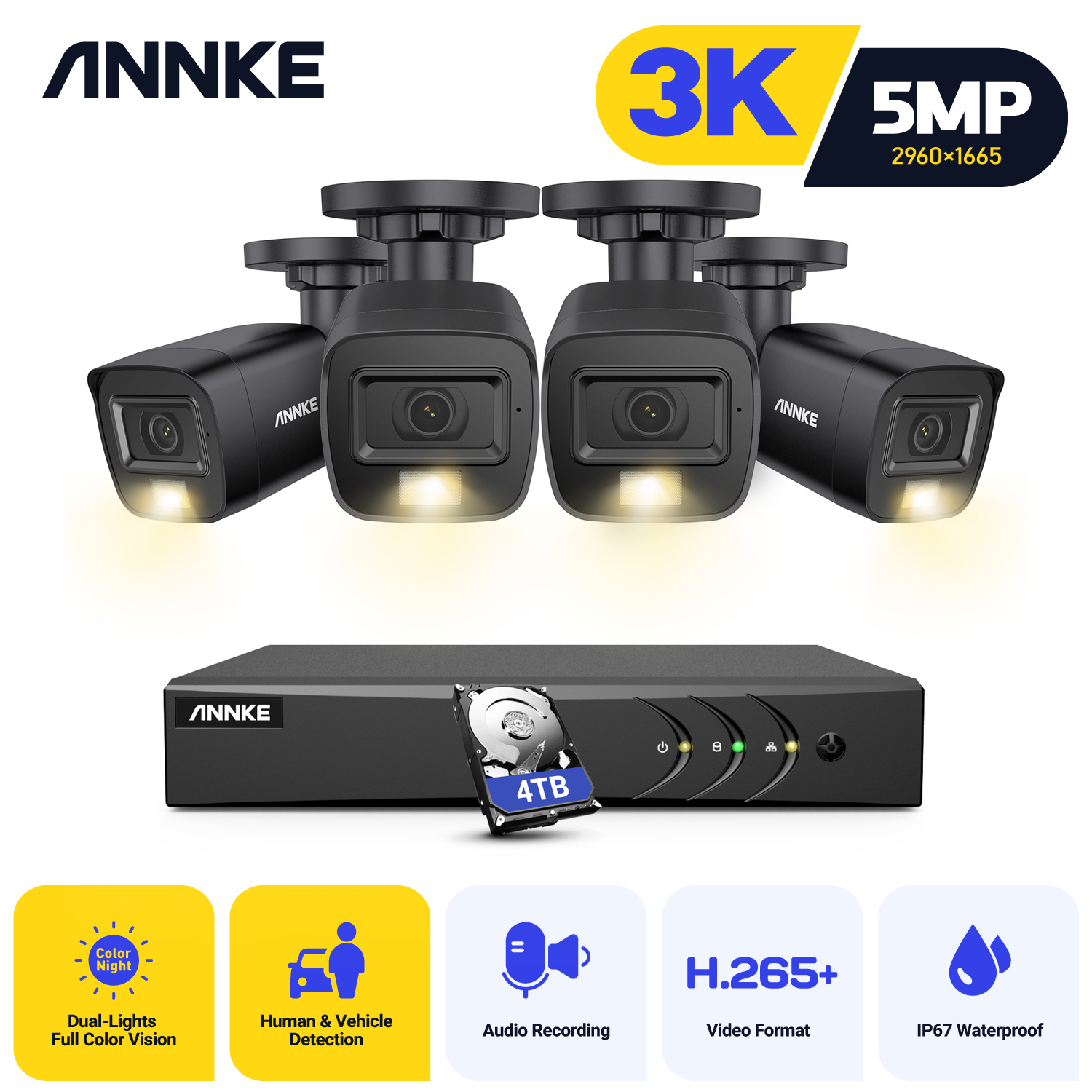 ANNKE-Sistema de Segurança de Vídeo, Luz Dupla, Gravador H.265 + DVR, Vigilância por Vídeo, Kits de Câmeras CCTV, Detecção PIR Exterior, 8CH, 5MP, 3K