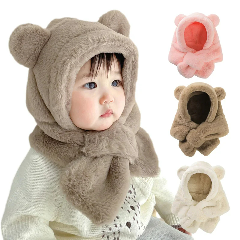 Inverno bebê chapéu cachecol de uma peça de pele do falso crianças chapéus dos desenhos animados urso quente pescoço orelha boné para meninos meninas gorros à prova de vento coisas infantis